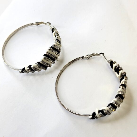 Black and White Hoop Earrings With Crystals - Picture 3 of 7
